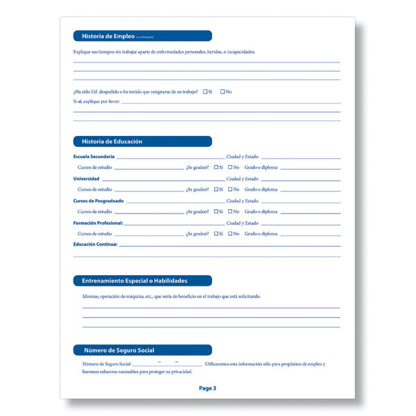 Spanish Employment Application - Printable PDF