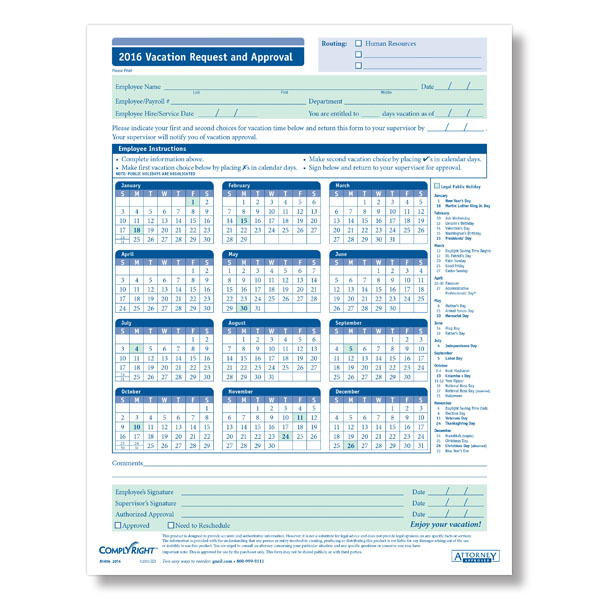 Employee Vacation Request and Approval Forms Calendar Format