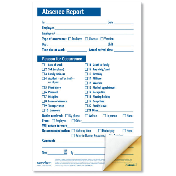 Employee Absence Report Compact 2 part  Disciplinary Forms